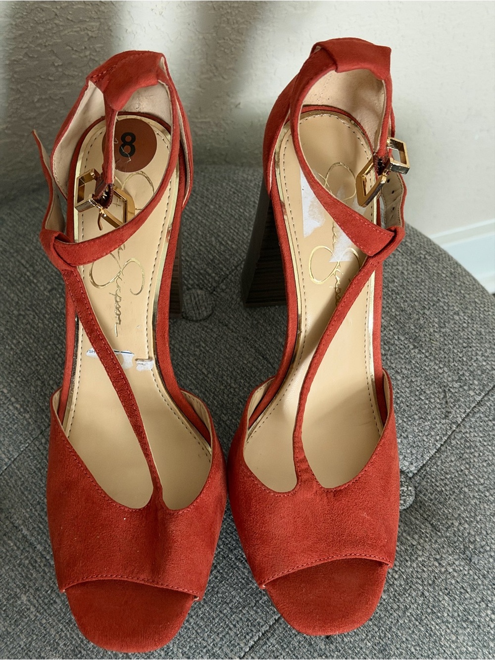 Jessica Simpson Red Suede T-Strap Block Heel Sandals